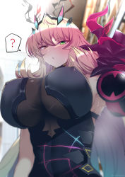 Rule 34 | 1girl, ?, armor, ashino moto, bare shoulders, black dress, blonde hair, breasts, dress, barghest (fate), barghest (second ascension) (fate), fate/grand order, fate (series), gauntlets, green eyes, heterochromia, highres, horns, large breasts, long hair, looking at viewer, pauldrons, red eyes, shoulder armor, sideboob, single gauntlet, single pauldron, solo, spoken question mark