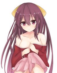 Rule 34 | 10s, 1girl, bow, breasts, cleavage, collarbone, frown, gradient hair, hair bow, hakama, hakama skirt, highres, japanese clothes, kamikaze (kancolle), kantai collection, long hair, meiji schoolgirl uniform, moai21, multicolored hair, off shoulder, pink hakama, purple eyes, purple hair, simple background, sitting, skirt, solo, tears, white background, yellow bow