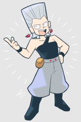Rule 34 | 1boy, boots, earrings, flattop, full body, grey hair, hand on own hip, index finger raised, jean pierre polnareff, jewelry, jojo no kimyou na bouken, male focus, open mouth, pouch, signature, smile, solo, stardust crusaders, tsunoji