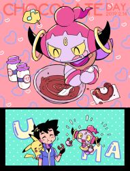 Rule 34 | 1boy, :q, :t, ame (ame025), ash ketchum, black gloves, black hair, bottle, chocolate, closed eyes, closed mouth, collared jacket, commentary, cooking, creatures (company), dated, doughnut, eating, fingerless gloves, food, food on face, game freak, gen 1 pokemon, gen 6 pokemon, gloves, holding, holding food, hoopa, hoopa (confined), jacket, legendary pokemon, male focus, milk bottle, mixing, mixing bowl, moomoo milk, mythical pokemon, nintendo, pikachu, pokemon, pokemon (anime), pokemon (creature), pokemon the movie: hoopa and the clash of ages, pokemon xy (anime), popped collar, short hair, short sleeves, smile, sparkle, symbol-only commentary, tongue, tongue out