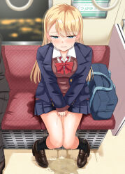 Rule 34 | 1girl, bag, between legs, black footwear, black socks, blazer, blonde hair, blue eyes, blue jacket, blue skirt, blush, bow, bowtie, collared shirt, comiket 103, commentary request, ear piercing, full body, half-closed eyes, hand between legs, highres, jacket, knees together feet apart, layered sleeves, long hair, miniskirt, original, parted lips, pee, peeing, peeing self, piercing, pigeon-toed, pleated skirt, puddle, red bow, red bowtie, red sweater vest, school bag, school uniform, shirt, shoes, sitting, skirt, socks, solo, sweater vest, tears, train interior, tsuttsu, white shirt