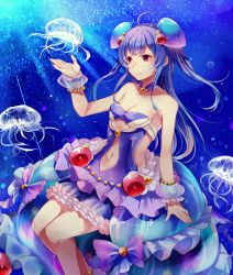 Rule 34 | 1girl, ahoge, blue hair, bracelet, breasts, cleavage, clothing cutout, dress, frilled dress, frills, jellyfish, jewelry, long hair, mohuta1203, navel, navel cutout, noa (shironeko project), red eyes, shironeko project, small breasts, smile, solo, underwater