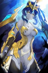 Rule 34 | 1girl, arm guards, armlet, armor, bare shoulders, black nails, black thighhighs, blue eyes, blue hair, breasts, center opening, cleavage, closed mouth, collarbone, colored skin, damda, expressionless, faulds, fingernails, from below, grey skin, headpiece, high ponytail, holding, holding weapon, large breasts, light, long hair, looking at viewer, looking down, multicolored clothes, nail polish, navel, orange eyes, original, revision, sidelocks, solo, soulworker, sparkle, stomach, thighhighs, weapon
