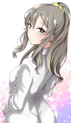 Rule 34 | 10s, 1girl, blush, brown hair, closed mouth, color iroha, from above, futaba rio, hair between eyes, hands in pockets, high ponytail, highres, lab coat, long hair, looking back, ponytail, scrunchie, seishun buta yarou, yellow scrunchie