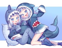Rule 34 | 2girls, :d, :o, absurdres, animal hood, blue eyes, blue hair, blue pajamas, blue pants, blue socks, blunt bangs, blush, commentary, dual persona, fins, fish tail, gawr gura, gawr gura (1st costume), highres, hololive, hololive english, hood, hood up, lanubis, long hair, long sleeves, looking at viewer, multicolored hair, multiple girls, no shoes, open mouth, pajamas, pants, pillow, shark hood, shark tail, sharp teeth, simple background, sleeves past fingers, sleeves past wrists, smile, socks, stuffed animal, stuffed shark, stuffed toy, tail, teeth, two-tone hair, virtual youtuber, white hair, wide sleeves