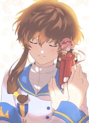 Rule 34 | 1girl, angelic layer, backlighting, brown hair, closed eyes, closed mouth, doll, hikaru (angelic layer), long sleeves, pink hair, red thighhighs, school uniform, short hair, sidelocks, smile, suzuhara misaki, thighhighs, wakuseikouro, white background
