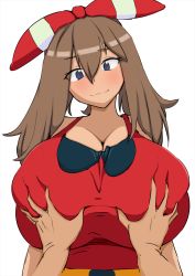 Rule 34 | 1boy, 1girl, bandana, blue eyes, blush, breasts, brown hair, cleavage, colorfag, colorized, creatures (company), game freak, grabbing, grabbing another&#039;s breast, heart, heart-shaped pupils, highres, huge breasts, long hair, may (pokemon), may (pokemon oras), maydrawfag, nintendo, pokemon, pokemon oras, red shirt, shirt, sketch, symbol-shaped pupils, tilted head, upper body