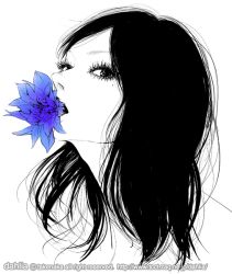 Rule 34 | 1girl, artist name, black hair, blue flower, eyelashes, female focus, flower, flower in mouth, long hair, looking at viewer, mole, mole under eye, monochrome, mouth hold, portrait, simple background, solo, spot color, takenaka, watermark, web address, white background