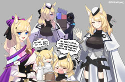 Rule 34 | 1other, 2girls, :d, arknights, bare shoulders, black jacket, blemishine (arknights), blonde hair, blue eyes, bow, cape, chibi, commentary, doctor (arknights), dress, closed eyes, grey background, hair bow, hand up, jacket, long hair, long sleeves, looking at viewer, multiple girls, multiple views, official alternate costume, open mouth, purple bow, simple background, smile, speech bubble, supershrimpcakes, whislash (arknights), whislash (glory purple) (arknights), white cape, white dress