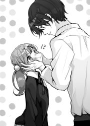 Rule 34 | !?, 1boy, 1girl, bad id, bad pixiv id, blush, cheek squash, closed mouth, commentary request, cowboy shot, dotted background, greyscale, hair ornament, hands on another&#039;s cheeks, hands on another&#039;s face, height difference, light smile, long hair, long sleeves, looking at another, monochrome, neck ribbon, original, parted lips, pout, ribbon, shigure ui, shirt, short hair, sweater vest