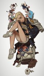 Rule 34 | 1girl, backpack, bag, black shirt, blonde hair, blouse, blue eyes, closed mouth, earrings, grey footwear, hand on own hip, highres, jacket, jewelry, looking at viewer, mossacannibalis, open clothes, open jacket, raglan sleeves, shirt, shoes, short hair, short shorts, shorts, simple background, smoking pipe, solo, unworn backpack, unworn bag, white background