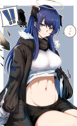Rule 34 | !, !!, 1girl, abs, arknights, black gloves, black jacket, black shorts, blue eyes, blue hair, breasts, closed mouth, clothes lift, cowboy shot, detached wings, doctor (arknights), fur-trimmed jacket, fur trim, gin moku, gloves, groin, hair between eyes, halo, highres, horns, jacket, lifted by self, long hair, long sleeves, looking at viewer, midriff, mostima (arknights), navel, notice lines, open clothes, open jacket, shirt, shirt lift, short shorts, shorts, simple background, sitting, smile, solo, spoken character, spoken exclamation mark, spoken notice lines, stomach, white shirt, wings