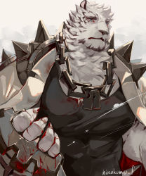 Rule 34 | 1boy, animal ears, arknights, bad id, bad twitter id, bara, black tank top, blood, blood on clothes, blood on face, blood on hands, bloody weapon, chain, chain necklace, coat, coat on shoulders, covered abs, dog tags, expressionless, furry, furry male, highres, hinokumo f, jewelry, large pectorals, male focus, mountain (arknights), muscular, muscular male, necklace, pectorals, scar, scar across eye, scar on face, short hair, solo, tank top, thick eyebrows, tiger boy, tiger ears, upper body, weapon, white fur, white hair