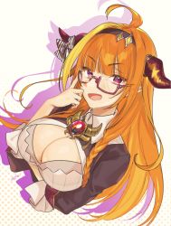 Rule 34 | ahoge, arm under breasts, blunt bangs, breasts, chain, chain necklace, cleavage, collar, dragon girl, fangs, glasses, headband, hololive, horn ornament, horns, jewelry, kiryu coco, kiryu coco (1st costume), large breasts, long hair, looking at viewer, necklace, nokachoco114, open mouth, orange hair, pointy ears, polka dot, polka dot background, signature, solo, upper body, virtual youtuber, white collar