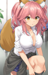 Rule 34 | 1girl, absurdres, adjusting clothes, adjusting legwear, animal ear fluff, animal ears, black jacket, black socks, blue skirt, blurry, blurry background, blush, breasts, brown eyes, clothes around waist, collarbone, commentary, fate/extella, fate/extra, fate (series), foreshortening, fox ears, fox tail, hair between eyes, highres, indoors, jacket, jacket around waist, kneehighs, large breasts, leg up, long hair, looking at viewer, miniskirt, no bra, official alternate costume, open clothes, open shirt, parted lips, partially unbuttoned, pink hair, plaid, plaid skirt, shirt, short sleeves, skirt, socks, solo, suiroh (shideoukami), tail, tail raised, tamamo (fate), tamamo no mae (fate/extra), tamamo no mae (jk) (fate), thighs, twintails, white shirt