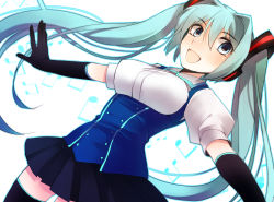 Rule 34 | 1girl, 74 (teduka), aqua eyes, aqua hair, elbow gloves, gloves, hatsune miku, highres, long hair, musical note, open mouth, outstretched arms, skirt, solo, spread arms, thighhighs, twintails, very long hair, vocaloid