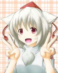 Rule 34 | 1girl, animal ears, detached sleeves, double v, happy, hat, highres, inubashiri momiji, looking at viewer, open mouth, pinesea, pom pom (clothes), red eyes, short hair, silver hair, solo, tokin hat, touhou, v, wolf ears