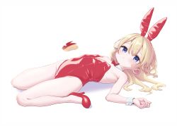 Rule 34 | 1girl, animal ears, apple, apple rabbit, apple slice, bare arms, bare legs, bare shoulders, blonde hair, blue eyes, blush, bouen, bow, bowtie, detached collar, fake animal ears, flat chest, food, food art, fruit, full body, hair ribbon, hairband, high heels, highres, leotard, long hair, looking at viewer, lying, on back, original, pantyhose, playboy bunny, red footwear, red hairband, red leotard, ribbon, simple background, solo, strapless, strapless leotard, striped, white background, white pantyhose, wrist cuffs
