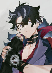 Rule 34 | 1boy, animal ears, antenna hair, black gloves, black hair, closed mouth, coat, earrings, fingerless gloves, fur trim, genshin impact, gloves, hair between eyes, highres, jewelry, looking at viewer, male focus, multicolored hair, necktie, red necktie, sachico66, scar, scar on neck, short hair, simple background, solo, streaked hair, upper body, v-shaped eyebrows, wriothesley (genshin impact)