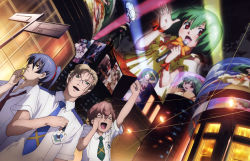 Rule 34 | &gt; &lt;, 00s, 1girl, 3boys, absurdres, city, detexted, dutch angle, closed eyes, floating screen, glasses, highres, luca angeloni, macross, macross frontier, microphone, mikhail buran, multiple boys, music, newtype, official art, pointy ears, ranka lee, saotome alto, scan, singing, takahashi yuuichi, third-party edit