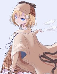 Rule 34 | 1girl, blonde hair, bob cut, breasts, brown hat, cape, closed mouth, cowboy shot, deerstalker, detective, from side, hair ornament, hat, high-waist skirt, highres, hikap, hololive, hololive english, looking at viewer, magnifying glass, medium breasts, monocle, plaid, plaid skirt, shirt, short hair, skirt, solo, stethoscope, virtual youtuber, watson amelia, watson amelia (1st costume), white shirt