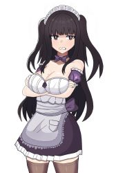 Rule 34 | 1girl, alternate costume, back bow, bare shoulders, black eyes, black hair, black nails, black thighhighs, blush, bow, breast hold, breasts, choker, cleavage, clenched teeth, desspie, embarrassed, enmaided, female focus, fire emblem, highres, large breasts, long hair, maid, maid headdress, matching hair/eyes, nail polish, nintendo, solo, standing, teeth, tharja (fire emblem), thighhighs