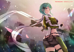 Rule 34 | 1girl, alternate breast size, anti-materiel rifle, aqua eyes, aqua hair, ass, black gloves, black shorts, blurry, blurry background, bolt action, breasts, bullet, butt crack, cityscape, closed mouth, fingerless gloves, from behind, gloves, green jacket, green pants, gun, hair ornament, hairclip, holding, holding bullet, holding gun, holding weapon, holster, jacket, large breasts, long sleeves, looking at viewer, looking back, multicolored clothes, multicolored jacket, pants, patreon username, pgm hecate ii, revision, rifle, scarf, sebu illust, short hair, short shorts, shorts, sinon, sniper rifle, solo, sword art online, thigh strap, two-tone jacket, weapon, white jacket, white scarf
