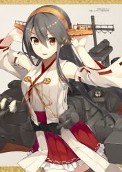 Rule 34 | 10s, 1girl, 2015, artist name, bare shoulders, breasts, brown background, frills, grey hair, hair between eyes, hair ornament, hairclip, hands up, haruna (kancolle), headgear, highres, kantai collection, konishi (koconatu), long hair, looking at viewer, machinery, nontraditional miko, official art, open mouth, orange eyes, red skirt, sarashi, scan, searchlight, simple background, skirt, solo, text focus, thighhighs, turret, zettai ryouiki