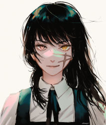 Rule 34 | 1girl, artist name, black hair, brown eyes, chainsaw man, champi, collared shirt, dress, dual persona, facial scar, highres, looking at viewer, medium hair, neck ribbon, parted lips, pinafore dress, portrait, ribbon, ringed eyes, scar, scar on cheek, scar on face, school uniform, shirt, signature, simple background, sleeveless, sleeveless dress, smirk, solo, split theme, straight-on, v-shaped eyebrows, white background, white shirt, yellow eyes, yoru (chainsaw man)