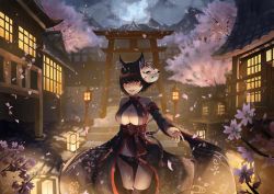 Rule 34 | 1girl, animal ear fluff, animal ears, architecture, azur lane, black hair, black kimono, black panties, breasts, cat mask, center opening, cherry blossoms, cleavage, east asian architecture, evil grin, evil smile, flower, grin, hachiware (kagisippo2), japanese clothes, kimono, large breasts, looking at viewer, mask, mask on head, night, outdoors, panties, pink flower, red legwear, short hair, smile, solo, standing, torii, underwear, very long sleeves, yamashiro (azur lane), yamashiro (meta) (azur lane)