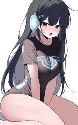 Rule 34 | 1girl, :o, absurdres, arms between legs, black hair, black shirt, blue eyes, blush, bottomless, breasts, chimyo, commentary request, drooling, headphones, highres, korean commentary, large breasts, long hair, looking at viewer, maplestory, open mouth, saliva, shirt, short sleeves, simple background, sitting, solo, t-shirt, tearing up, wariza, white background, xenon (maplestory)