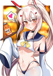 Rule 34 | :o, adapted costume, angel lingxing, ayanami (azur lane), azur lane, blonde hair, blue sailor collar, breasts, cameltoe, collarbone, commentary request, crop top, detached sleeves, head tilt, heart, holding, holding tray, long hair, looking at viewer, medicine bottle, medium breasts, navel, neckerchief, orange eyes, ponytail, revealing clothes, sailor collar, sideboob, sidelocks, sleeves past fingers, sleeves past wrists, speech bubble, spoken heart, stomach, thighhighs, thong, tray, underboob, very long hair, very long sleeves, white thighhighs, yellow neckerchief