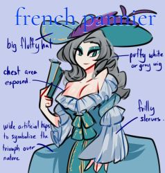 Rule 34 | blue background, blue eyeliner, blue eyes, blue eyeshadow, blue headwear, breasts, centurii-chan (artist), cleavage, closed mouth, commentary, english commentary, eyeliner, eyeshadow, folding fan, frilled sleeves, frills, grey hair, hand fan, hat feather, highres, holding, holding fan, large breasts, long sleeves, looking at viewer, makeup, original, simple background, smile, wide brim