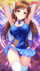 Rule 34 | 1girl, animal ears, armpits, arms behind head, arms up, blue skirt, breasts, brown eyes, brown hair, cape, cleavage, closed mouth, commentary request, competition swimsuit, covered navel, cowboy shot, detached collar, frilled skirt, frills, gloves, hair ornament, hairband, highres, idolmaster, idolmaster cinderella girls, irori (irorixc), large breasts, light blush, long hair, looking at viewer, magical girl, microskirt, nitta minami, one-piece swimsuit, skirt, solo, swimsuit, thighhighs, white cape, white gloves, white hairband, white thighhighs, zettai ryouiki