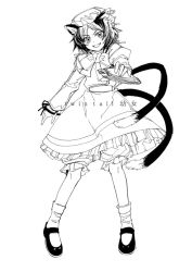 Rule 34 | 1girl, animal ears, cat ears, cat girl, cat tail, chen, dress, earrings, female focus, full body, greyscale, hat, jewelry, monochrome, morisoban, multiple tails, short hair, simple background, solo, tail, touhou