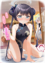 Rule 34 | 2girls, alternate costume, animal ears, artist name, black hair, blue archive, blurry, blurry background, blush, breasts, china dress, chinese clothes, collarbone, commentary request, dildo, double bun, dress, grey hair, hair bun, halo, highres, kisaki (blue archive), kneehighs, kokona (blue archive), multiple girls, navel, open mouth, painter-lhb, peeking out, sabotender, sex toy, small breasts, socks, swimsuit, translation request