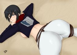 Rule 34 | 1girl, ass, backboob, black eyes, black hair, blush, breasts, cameltoe, cleft of venus, from behind, gummslime, highres, huge ass, large breasts, looking at viewer, looking back, mikasa ackerman, no bra, pants, scarf, shingeki no kyojin, shiny clothes, shiny skin, short hair, skin tight, smile, solo, top-down bottom-up