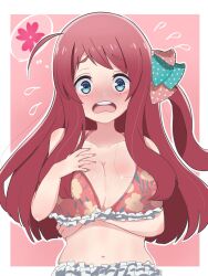 Rule 34 | 1girl, ahoge, bikini, blush, bow, breasts, cherry blossoms, cleavage, embarrassed, flower, highres, hoken0309, large breasts, long hair, minamoto sakura, pink background, polka dot, polka dot bow, polka dot ribbon, red hair, ribbon, simple background, solo, swimsuit, zombie land saga