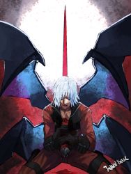 Rule 34 | 1boy, bare pectorals, bleeding, blood, blood from mouth, blood on face, bloody weapon, blue eyes, dante (devil may cry), demon wings, devil may cry (series), devil may cry 2, highres, holding, holding weapon, impaled, juliewithaxe, kneeling, lower teeth only, male focus, multiple wings, pectorals, sitting, solo, stab, sword, teeth, wariza, weapon, white hair, wings
