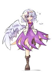 Rule 34 | 1girl, arm at side, blue hair, blue wings, blush, boots, bow, bowtie, braid, brown footwear, cardigan, closed mouth, dress, flying sweatdrops, full body, highres, kishin sagume, long sleeves, looking at viewer, primsla, purple dress, red bow, red bowtie, red eyes, sailor dress, short hair, single wing, solo, standing, standing on one leg, touhou, white cardigan, wings