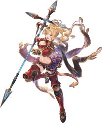 Rule 34 | 1girl, armor, armored boots, blonde hair, blue eyes, boots, braid, breasts, cleavage, crop top, full body, gauntlets, gold trim, granblue fantasy, granblue fantasy versus: rising, hair ornament, hairband, highres, long hair, looking at viewer, medium breasts, midriff, minaba hideo, navel, official art, parted lips, pleated skirt, polearm, shoulder armor, skirt, smile, solo, spear, stomach, transparent background, twintails, weapon, zeta (granblue fantasy)