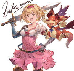 Rule 34 | 1girl, :d, arm guards, blonde hair, blush, breasts, brown eyes, djeeta (granblue fantasy), granblue fantasy, hairband, highres, looking at viewer, medium breasts, niii, open mouth, short hair, smile, standing, sword, vyrn (granblue fantasy), weapon