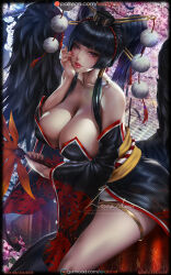 Rule 34 | 1girl, artist name, bare shoulders, black hair, black kimono, black wings, breasts, cherry blossoms, dead or alive, dead or alive 6, hand fan, hand on own cheek, hand on own face, holding, holding fan, japanese clothes, kimono, large breasts, lexaiduer, lipstick, looking at viewer, makeup, mole, mole under mouth, nail polish, nyotengu, obi, off shoulder, patreon logo, patreon username, pom pom (clothes), purple eyes, red nails, sash, solo, watermark, web address, wings