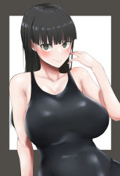 Rule 34 | 1girl, absurdres, amagami, ayatsuji tsukasa, bare shoulders, black eyes, black hair, black one-piece swimsuit, blush, breasts, highres, large breasts, long hair, looking at viewer, megao 3rd, one-piece swimsuit, smile, solo, swimsuit