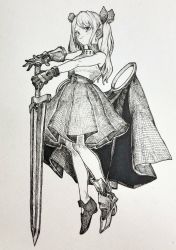 Rule 34 | 1girl, absurdres, armor, asymmetrical footwear, blush, bow, breastplate, closed mouth, full body, gauntlets, greyscale, hair bow, hands on hilt, highres, long hair, looking at viewer, mashimashi, mismatched footwear, monochrome, original, pleated skirt, shoes, sidelocks, skirt, sleeveless, smile, solo, sword, traditional media, twintails, weapon