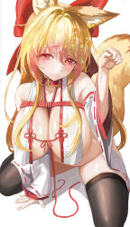 Rule 34 | 1girl, absurdres, alternate breast size, animal ears, arm support, black thighhighs, blonde hair, blush, bottomless, bow, breast curtains, breasts, closed mouth, collar, commission, copyright request, detached sleeves, egoswans, fox ears, fox tail, hair between eyes, hair bow, hand up, highres, huge breasts, large bow, leaning forward, long hair, red bow, red collar, red eyes, ribbon-trimmed sleeves, ribbon trim, rope, sitting, solo, spread legs, tail, thighhighs, wide sleeves