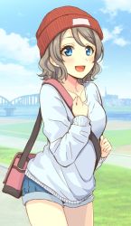 Rule 34 | 1girl, :d, bag, beanie, blue eyes, blue shorts, blue sky, blue sweater, blurry, blurry background, blush, bridge, brown hair, carrying, casual, cloud, cloudy sky, commentary request, cowboy shot, day, denim, denim shorts, depth of field, hat, long sleeves, looking at viewer, love live!, love live! school idol festival, love live! sunshine!!, open mouth, outdoors, red hat, satchel, short hair, short shorts, shorts, sky, smile, solo, standing, sweater, totonii (totogoya), watanabe you