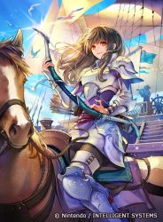 Rule 34 | 1girl, armor, armored boots, arrow (projectile), astrid (fire emblem), bird, black hair, boots, bow (weapon), breastplate, brown eyes, company name, copyright name, copyright notice, couter, fire emblem, fire emblem: path of radiance, fire emblem cipher, gauntlets, horse, horseback riding, konfuzikokon, long hair, looking at viewer, nintendo, official art, pants, pauldrons, riding, seagull, ship, shoulder armor, solo focus, watercraft, weapon