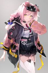 Rule 34 | 1girl, arknights, black jacket, black skirt, blue bow, blue jacket, blush, bow, braid, garter straps, goldenglow (arknights), hair between eyes, hair bow, hairband, hand up, high-waist skirt, highres, id card, jacket, lanyard, lightning bolt print, long hair, long sleeves, looking at viewer, multicolored clothes, multicolored jacket, open clothes, open jacket, pink hair, pink jacket, print bow, print hairband, scissors, shirt, shirt tucked in, skirt, solo, thighhighs, white shirt, white thighhighs, xiaotianxia, yellow eyes