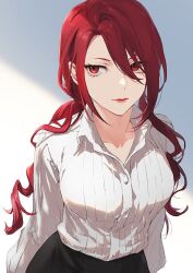 Rule 34 | 1girl, black pants, buttons, closed mouth, collar, commentary request, eyelashes, isa (peien516), kirijou mitsuru, long hair, pants, persona, persona 3, red eyes, red hair, red lips, shirt, smile, solo, standing, upper body, white collar, white shirt